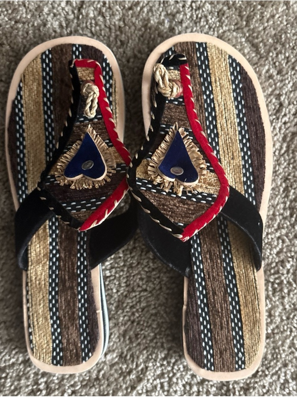 Boho Striped Beaded Sandals - Black, Brown, Red